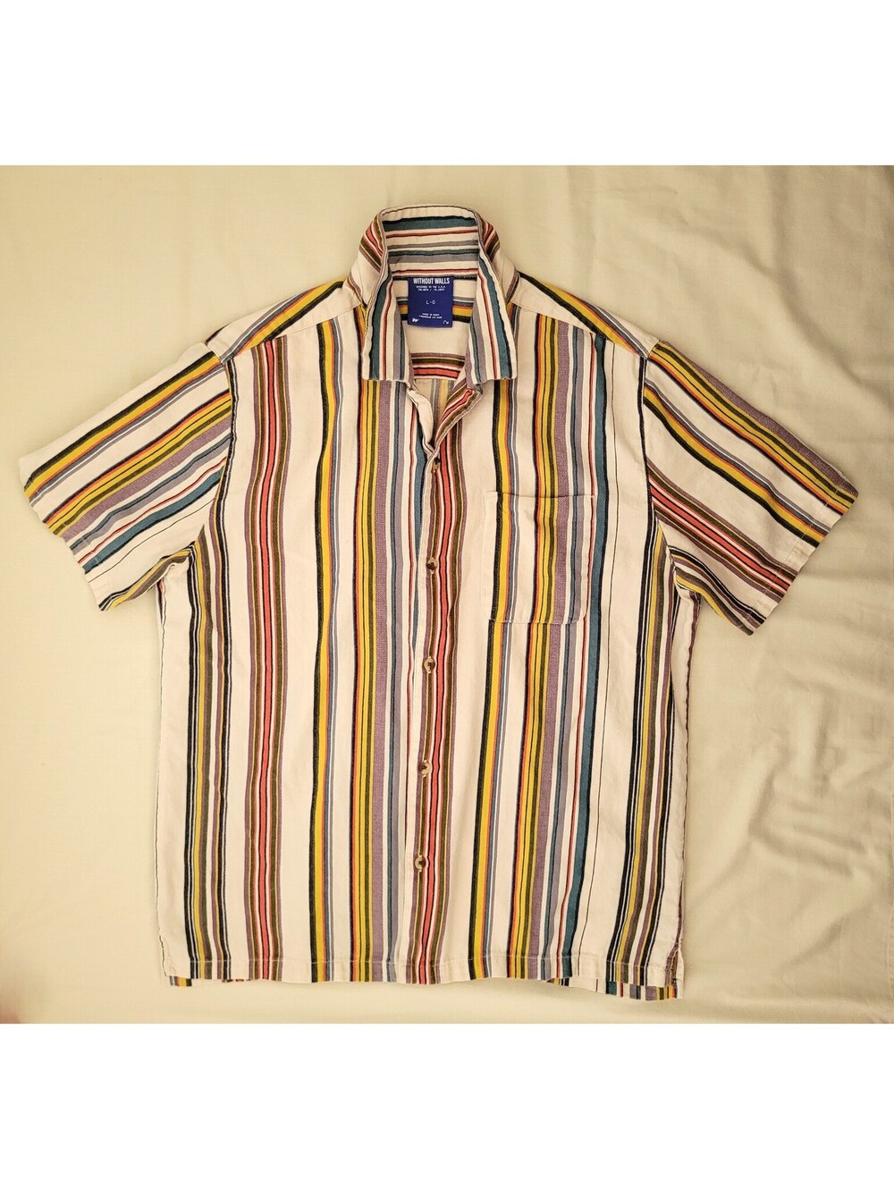 Without Walls Men's Large Cream Multicolor Striped Woven Cotton Button Shirt